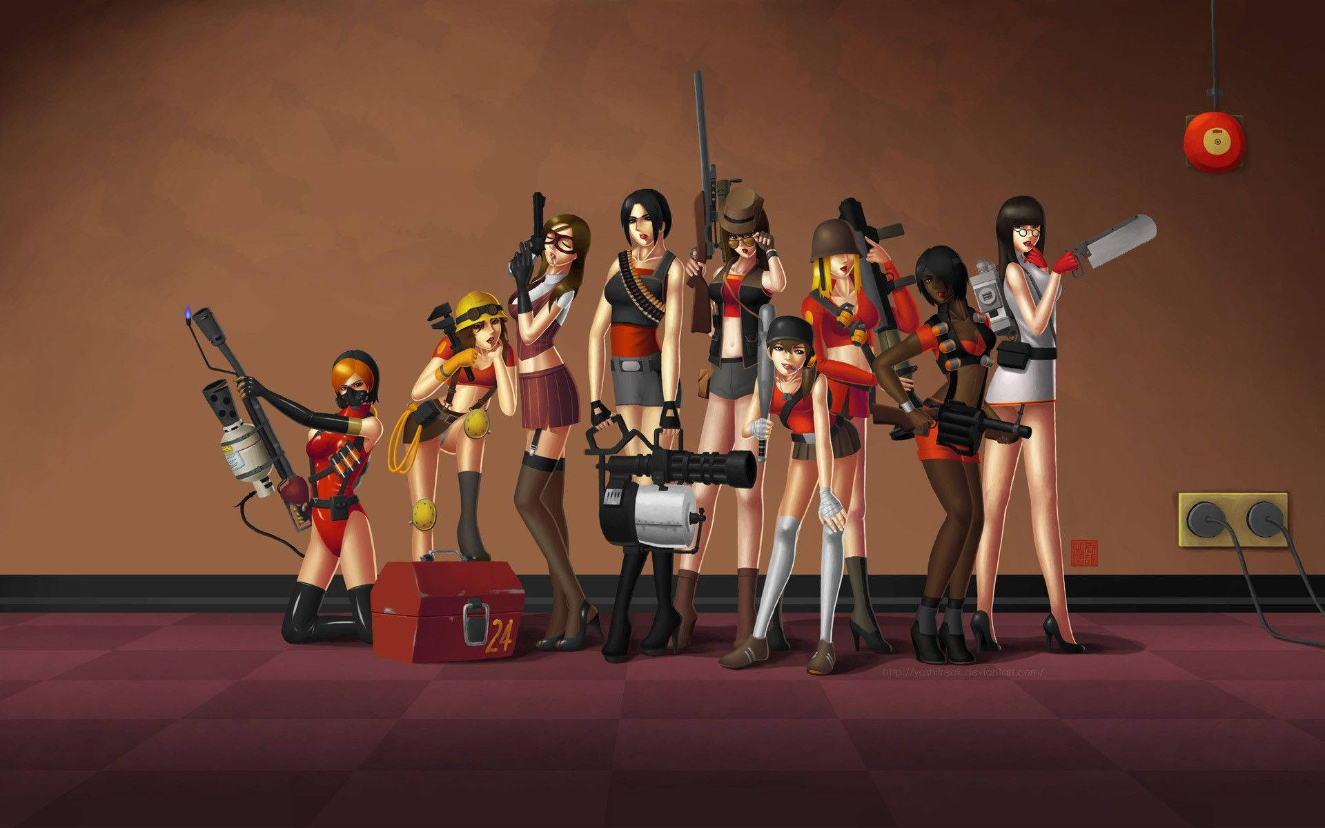 Team Fortress 2 女傭兵 壁紙 — 一群風格化的女性角色穿著紅色和黑色服裝，在光線昏暗、地板呈棋盤格的房間裡手持各種武器擺姿勢。