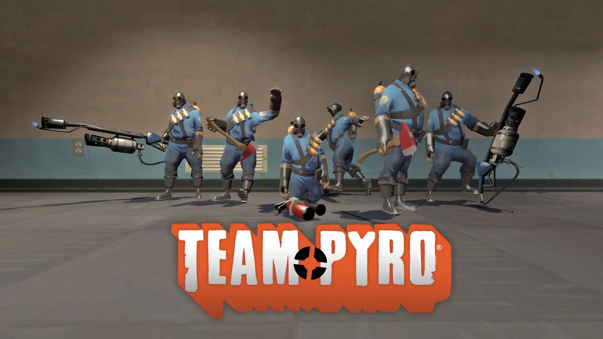 Team Fortress 2 火槍手，熾熱角色 壁紙 — 一組身穿藍色服裝的Team Pyro火焰兵在骯髒的工業走廊中手持火焰噴射器和爆炸物擺姿勢。