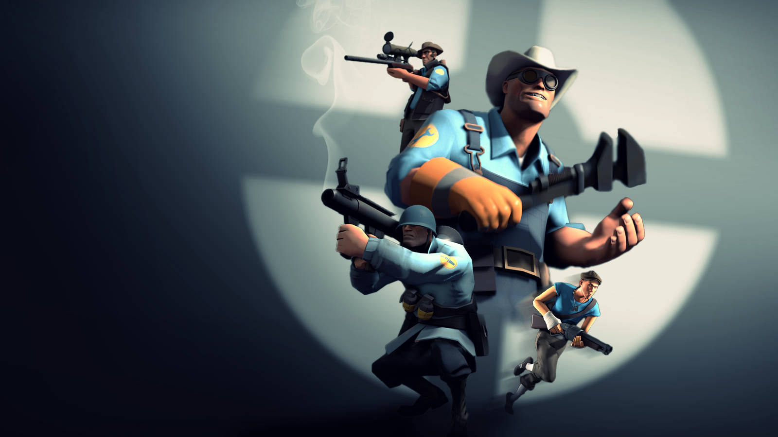 Team Fortress 2 藍色小隊 壁紙 — 四名卡通警察身穿藍色制服，在聚光燈照射的十字背景前動態擺姿勢。