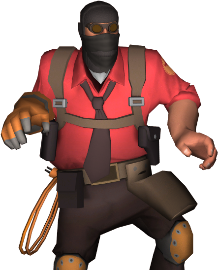 Team Fortress 2 火焰兵 3D 模型 壁紙 — 一個戴面具的角色，身穿紅色襯衫和棕色裝備，準備好爪子和繩索。