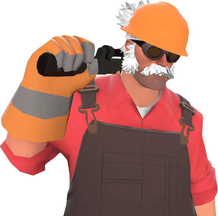 Team Fortress 2 工程師肖像 壁紙 — 一個卡通建築工人，留著白鬍子，戴著橙色安全帽，在黑色背景前拿著扳手。