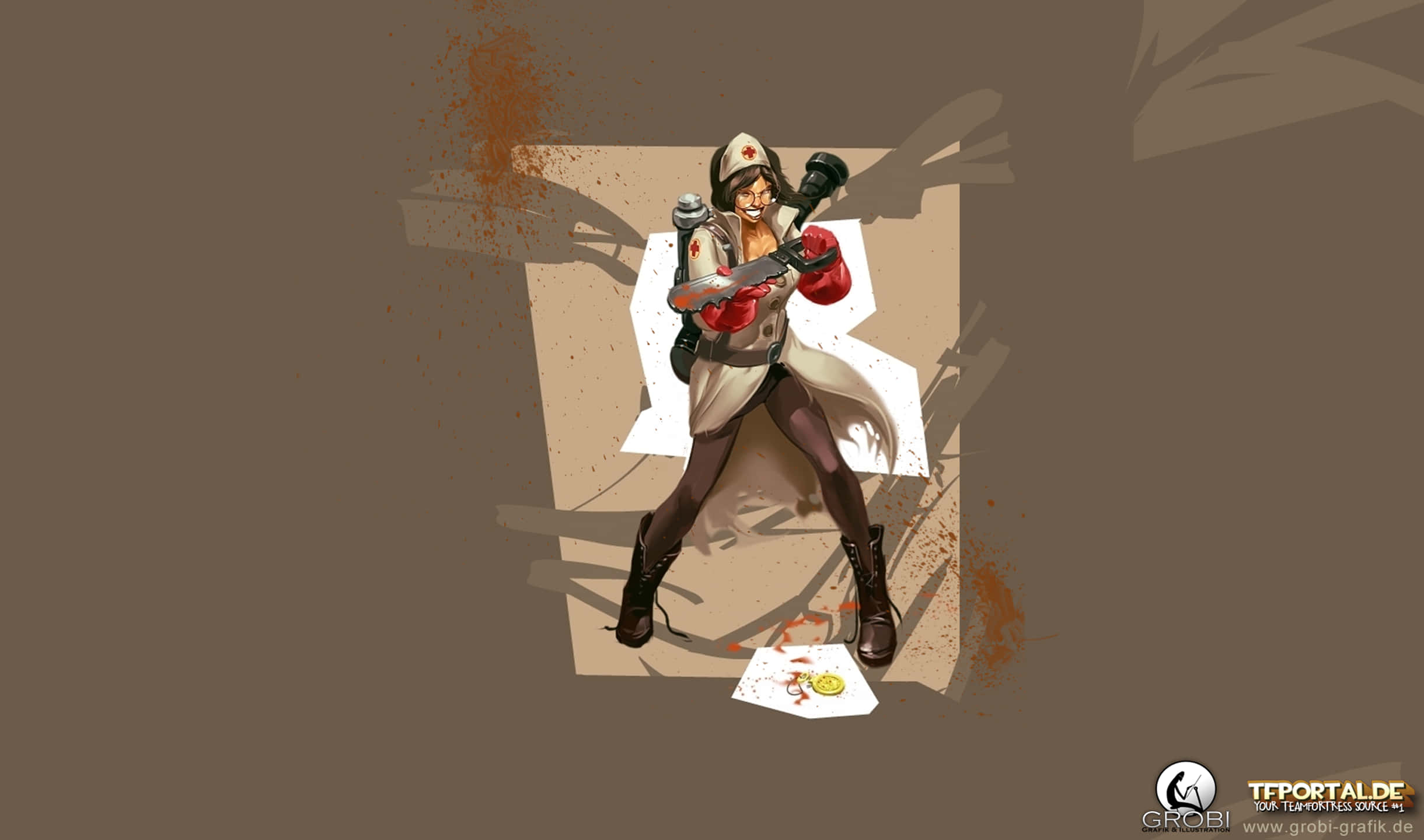 Team Fortress 2 中的精彩戰鬥場景 壁紙 — 一個風格化的女戰士穿著護士服，戴著紅色手套和靴子，在帶有飛濺的棕色背景上揮舞武器。