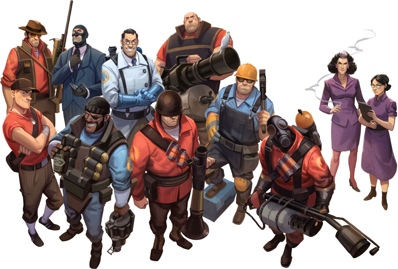 Team Fortress 2 角色陣容 壁紙 — 一群不同的電子遊戲角色穿著戰術裝備和制服，在黑色背景前自信地擺姿勢。