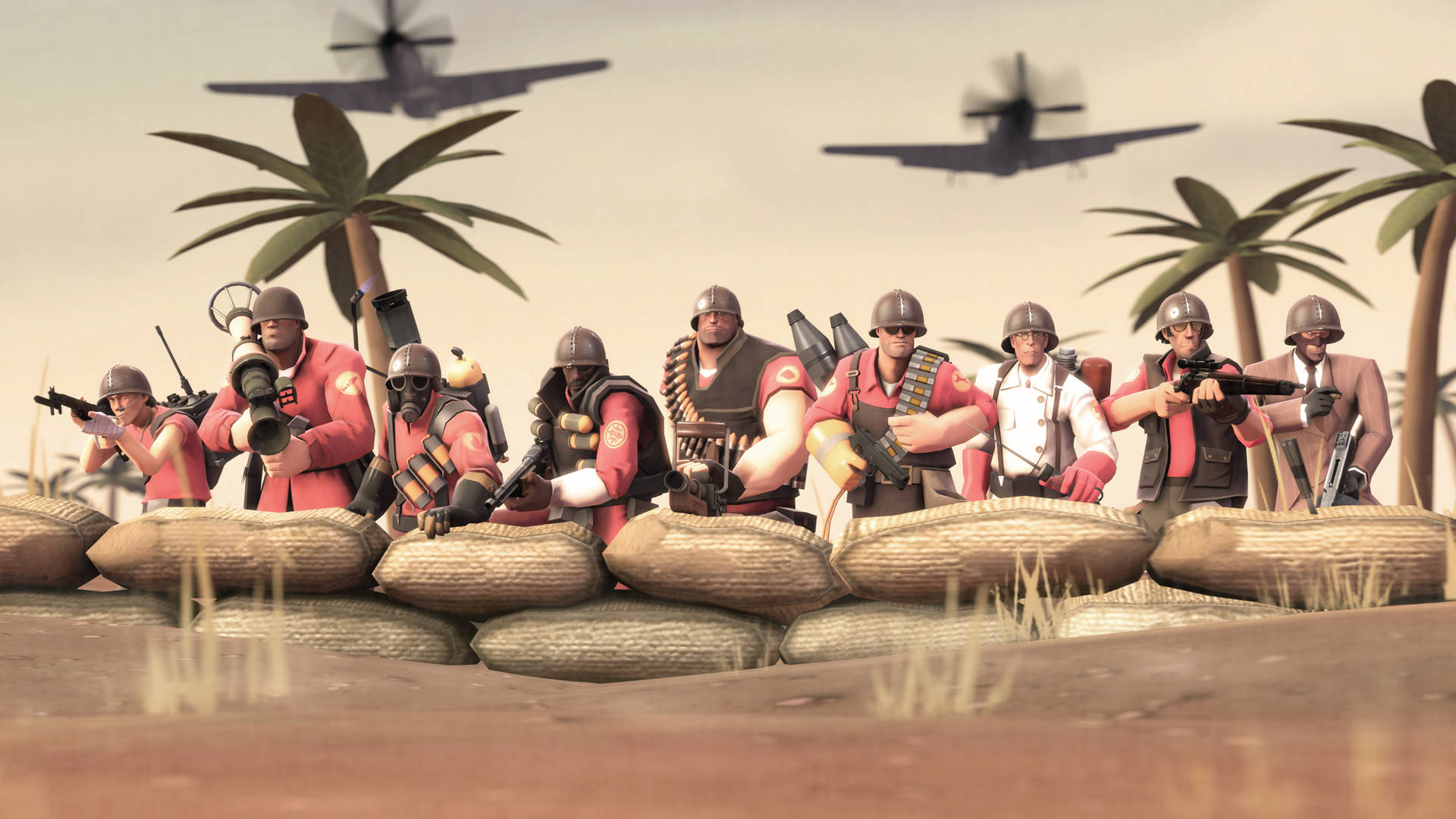 Team Fortress 2 紅色小隊職業 壁紙 — 穿著紅色制服和頭盔的士兵在熱帶叢林中，在沙袋後方採取防禦陣地，周圍有棕櫚樹和戰鬥機在頭頂飛過。