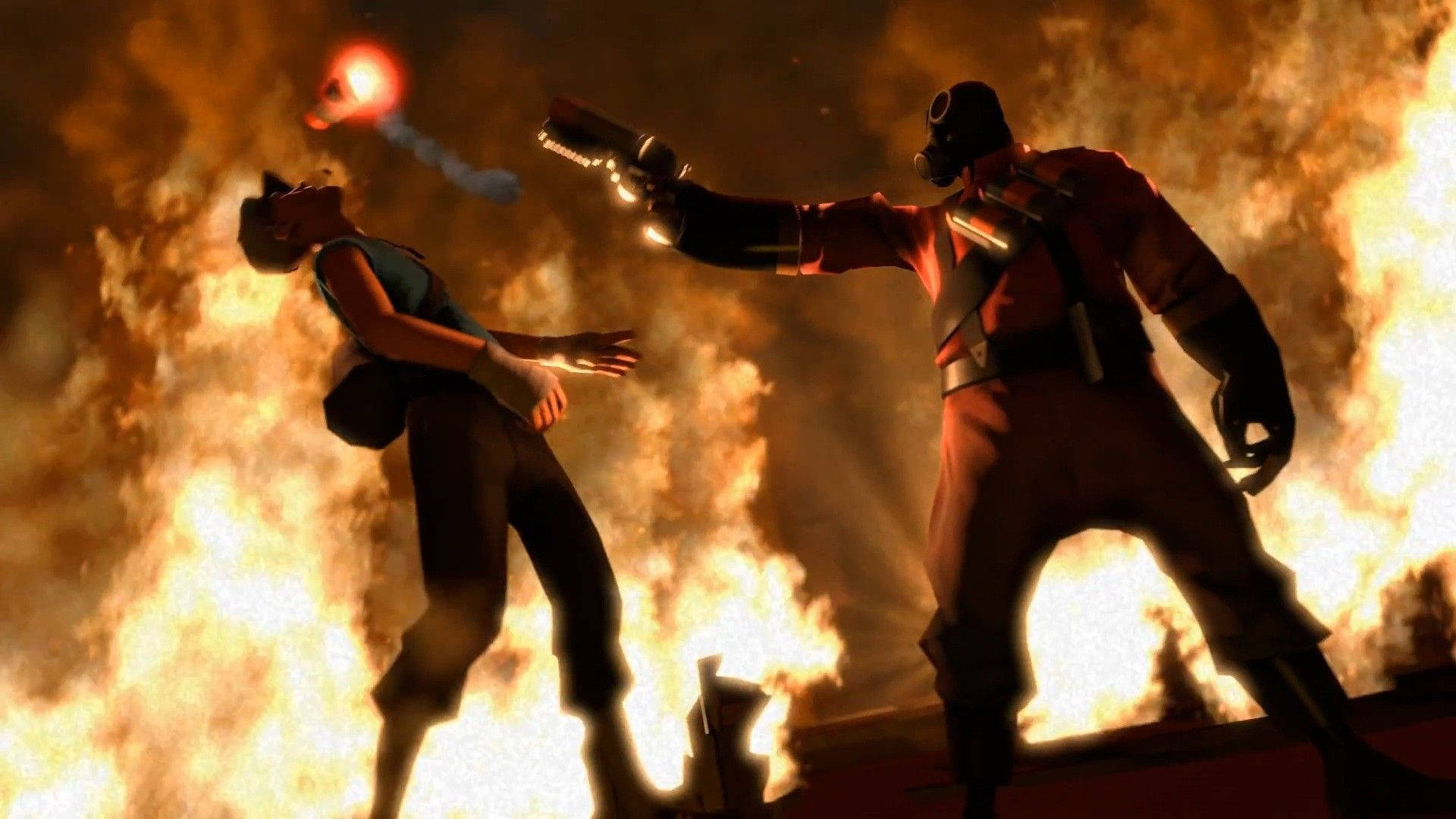 Team Fortress 2 火槍手與間諜的精彩對決 壁紙 — 一個戴面具的紅色人物向一個正在墜落的人瞄準武器，背景是熊熊烈火和濃煙。