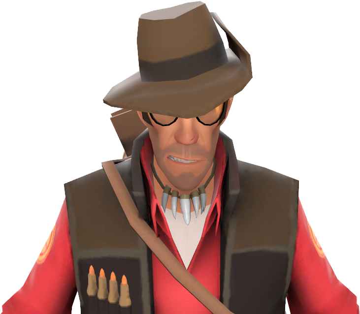 Team Fortress 2 狙擊手特寫 壁紙 — 一個3D渲染的牛仔角色，戴著棕色帽子、眼鏡和子彈牙項鍊，穿著紅色襯衫和帶有彈藥袋的背心。