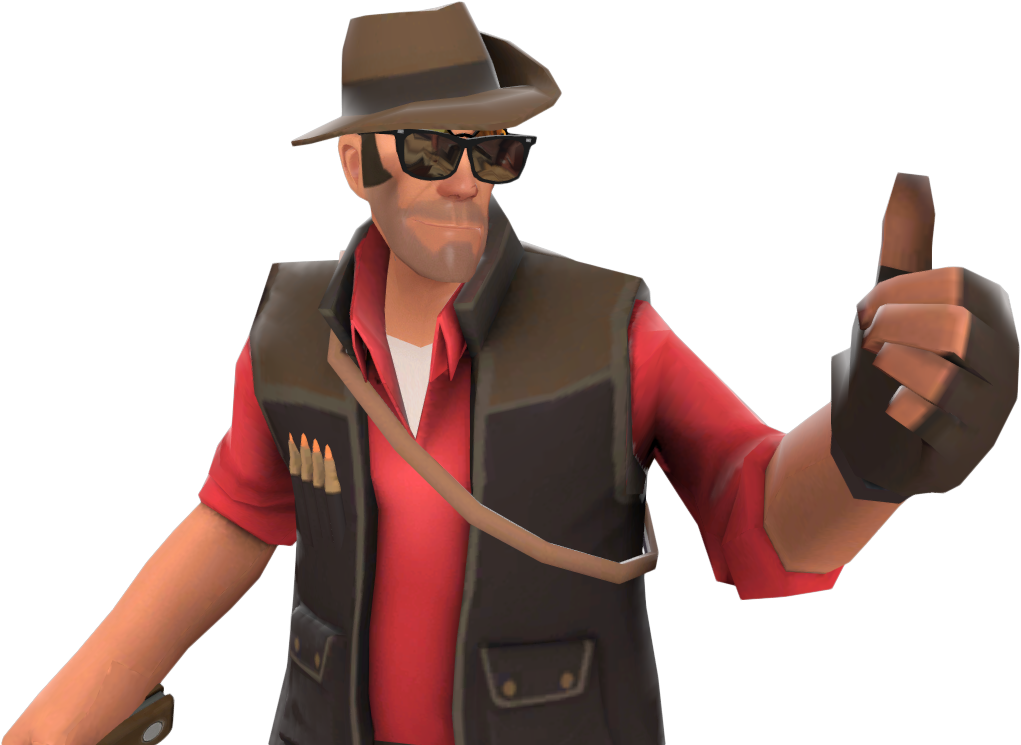 Team Fortress 2 間諜比讚 壁紙 — 卡通冒險家戴著棕色帽子、太陽眼鏡和背心，手持雪茄豎起大拇指。