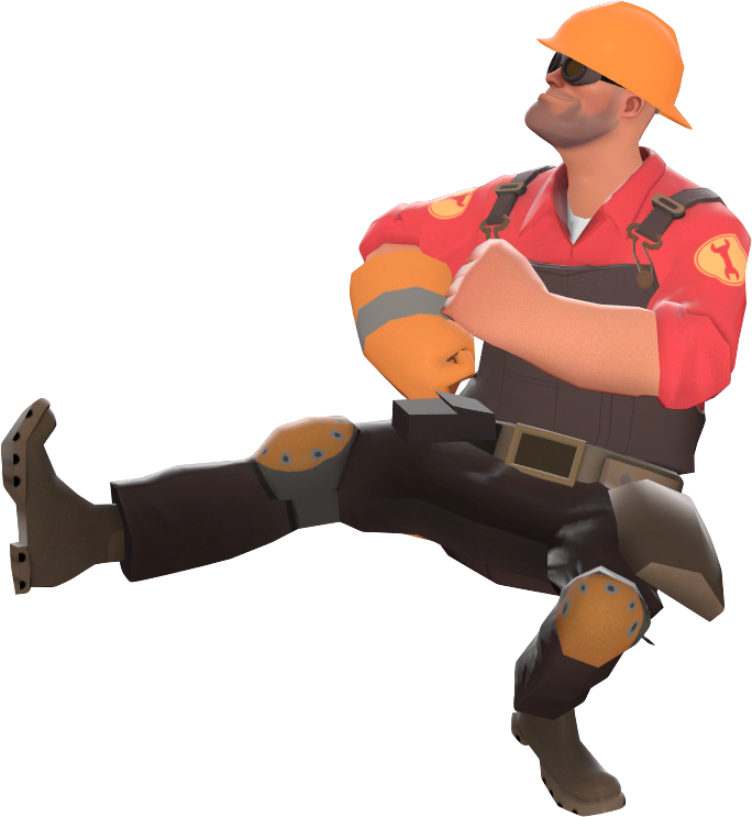 Team Fortress 2 工程師放鬆姿勢 壁紙 — 一個3D渲染的建築工人，戴著橙色頭盔和紅色襯衫，在黑色背景前擺出自信姿勢。