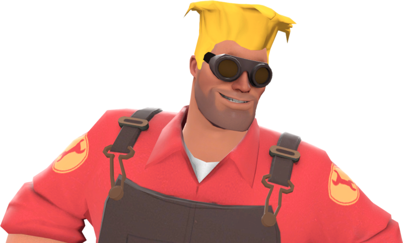 Team Fortress 2 工程師微笑肖像 壁紙 — 一個戴著黃色帽子和護目鏡的開心卡通廚師，穿著紅色襯衫和棕色工裝褲微笑。