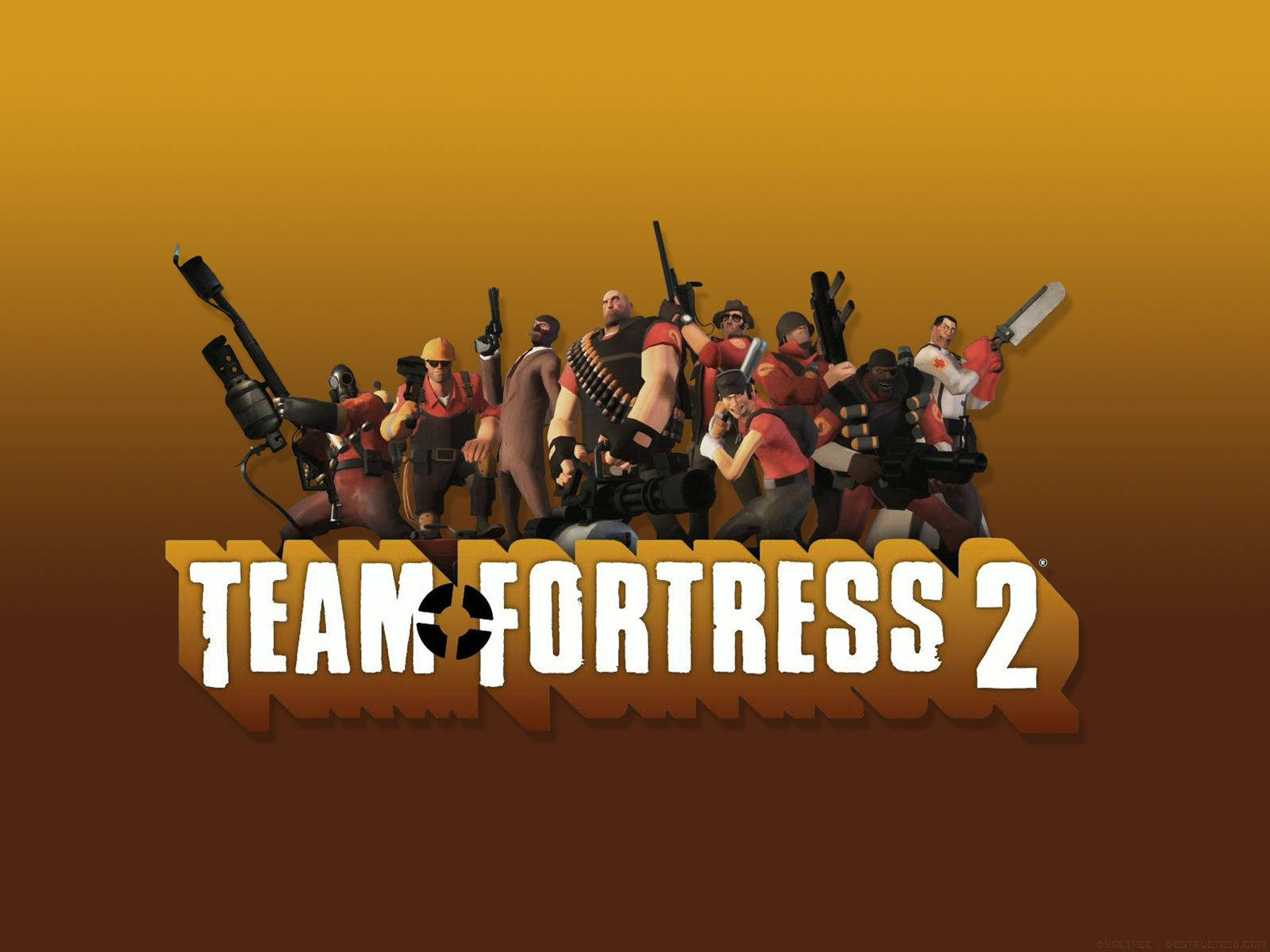 Team Fortress 2 深金背景 壁紙 — 一群卡通士兵穿著紅色制服，手持武器，在橙棕色漸變背景前擺姿勢，下方有 Team Fortress 2 標誌。