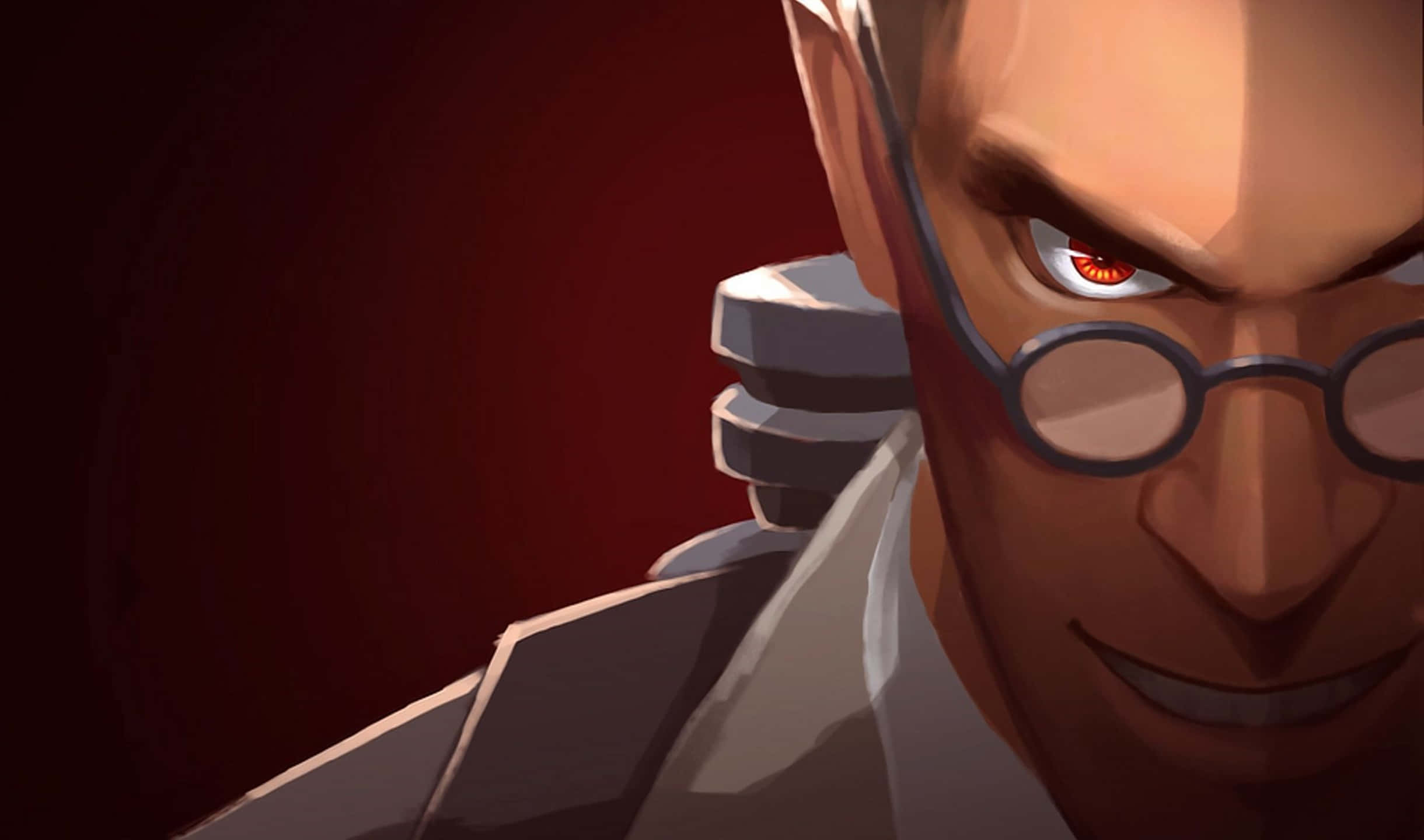 Team Fortress 2 高解析度遊戲戰鬥背景 壁紙 — 一個帶有紅色眼睛和眼鏡的威脅性動漫角色，在深紅色背景下強烈凝視。