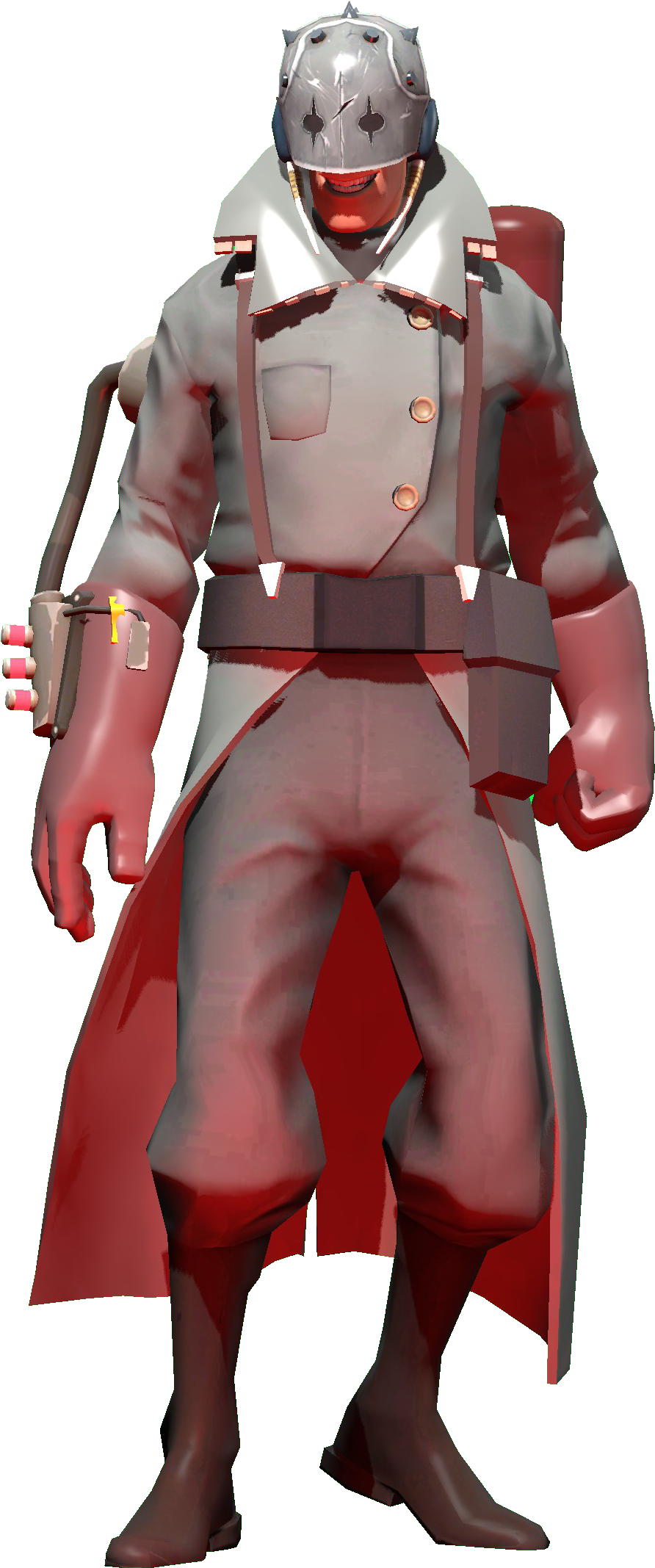 Team Fortress 2 士兵站立姿勢 壁紙 — 一個身穿灰色制服和頭盔、披著紅色斗篷的風格化士兵站在黑色背景前。