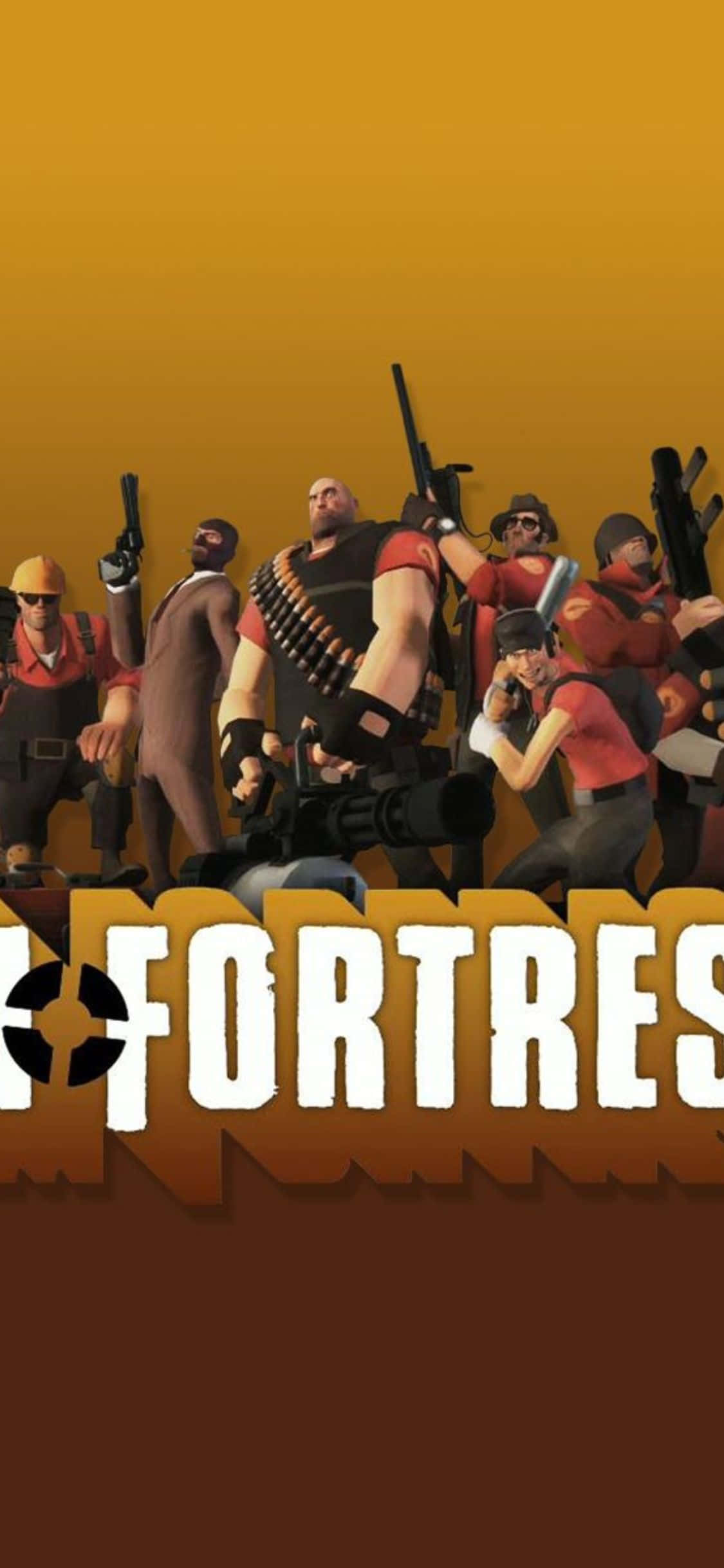 Team Fortress 2 武器 iPhone XS 背景 壁紙 — 一群風格化的卡通士兵身穿紅色裝備，手持武器，在溫暖的橙色漸變背景前準備就緒。