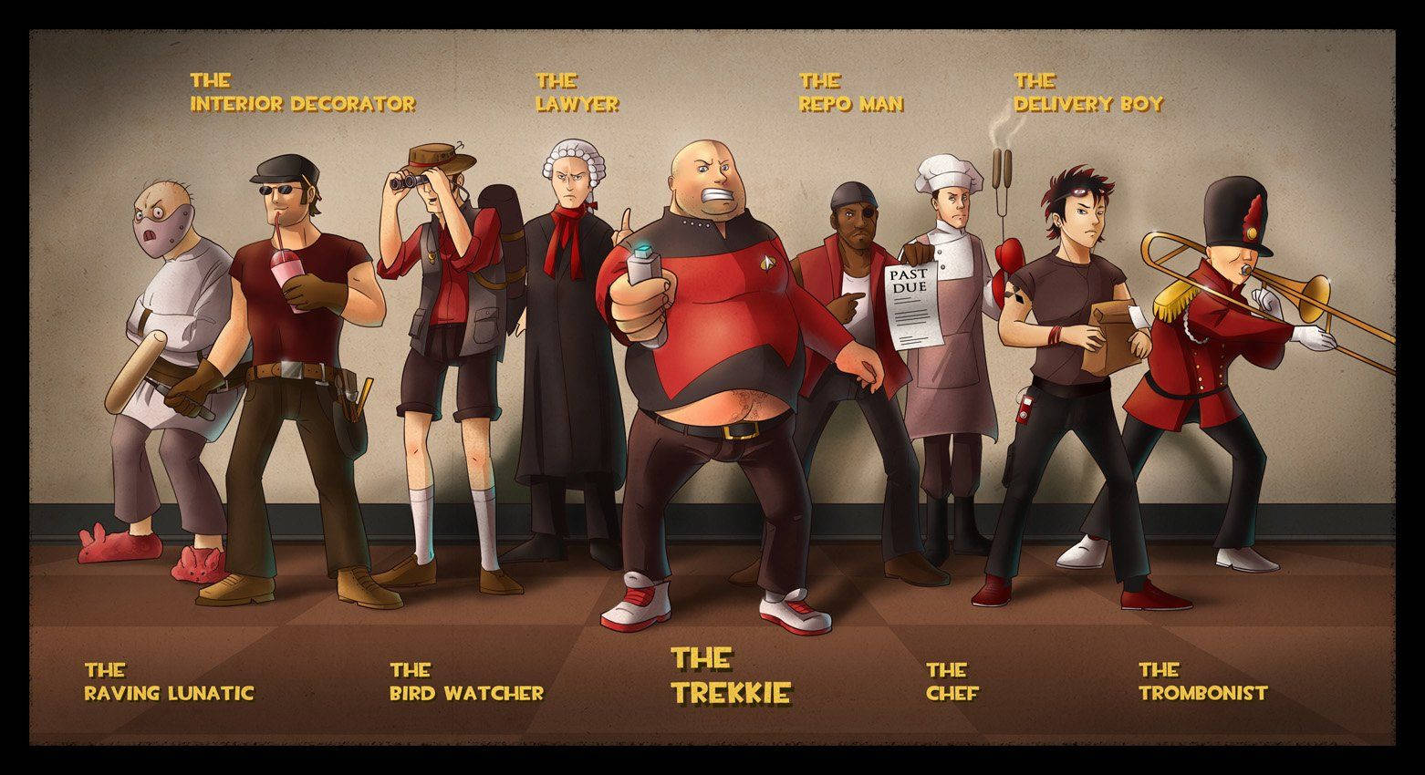 Team Fortress 2 爆笑戰鬥同人藝術 壁紙 — 一排九個不同的卡通人物，身穿紅色制服，標有「trekkie」和「chef」等職業，站在素牆前。