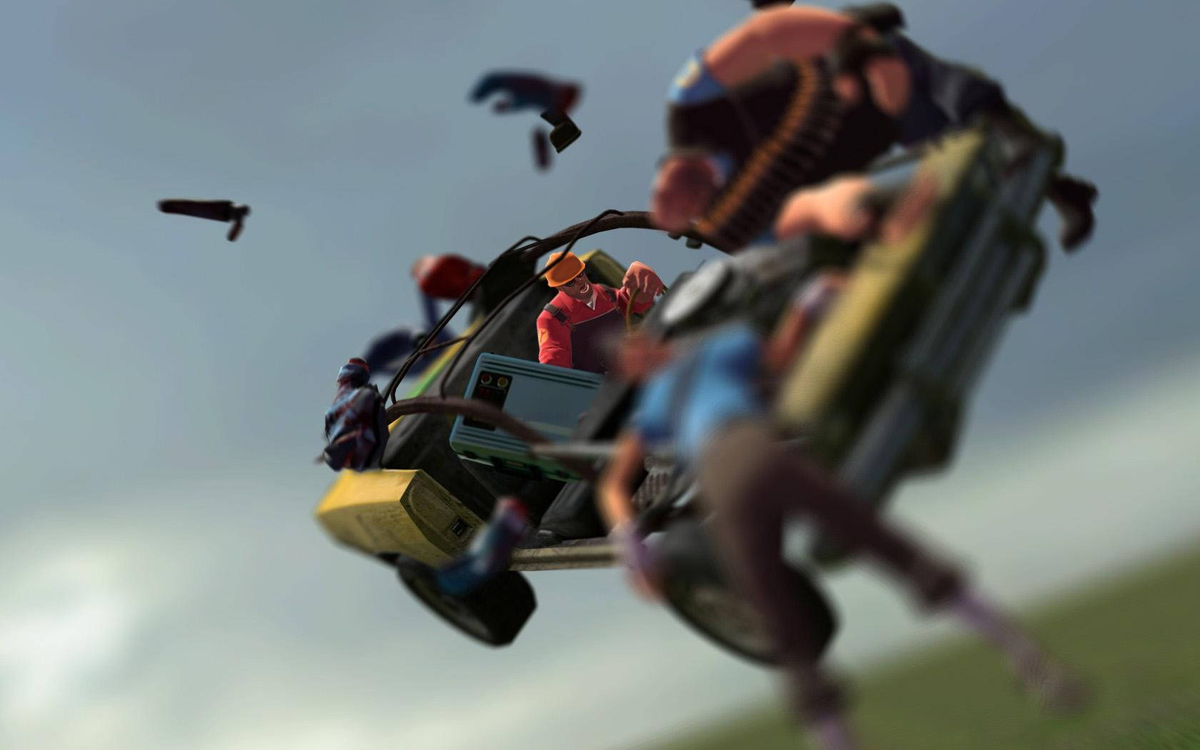 Team Fortress 2 駕駛工程師 壁紙 — 一場混亂的卡通車禍，角色在朦朧的天空中飛過。