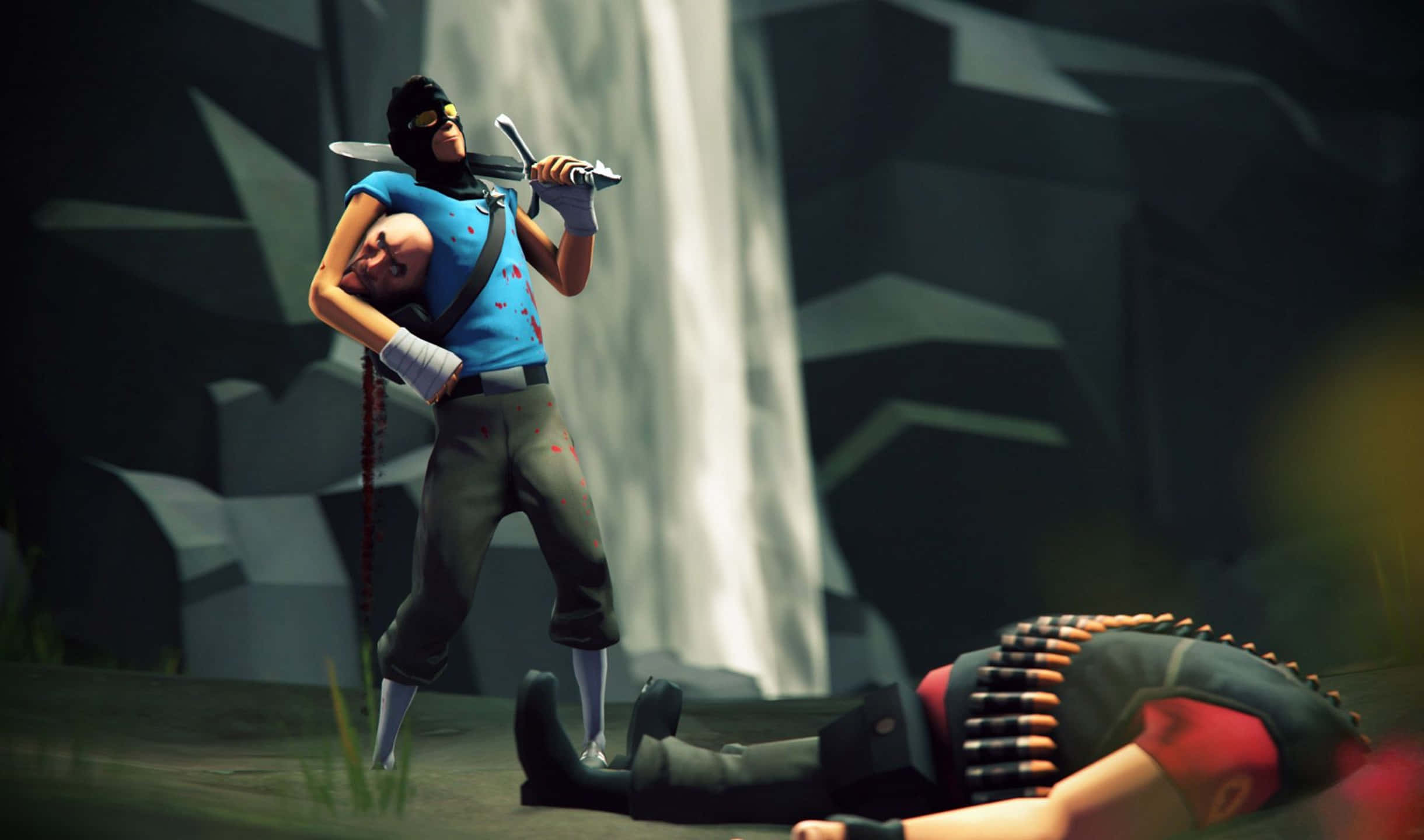 Team Fortress 2 特工背景 壁紙 — 一個戴面具的忍者抓住一個血淋淋的敵人，背景是瀑布和黑暗的石崖。