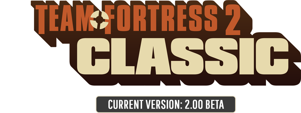 Team Fortress 2 Classic 2.00 Beta 版標誌 壁紙 — 大膽的橙色和米色 'Team Fortress 2 Classic' 標誌，下方有 'Current Version 2.00 Beta' 標籤，背景為深棕色。