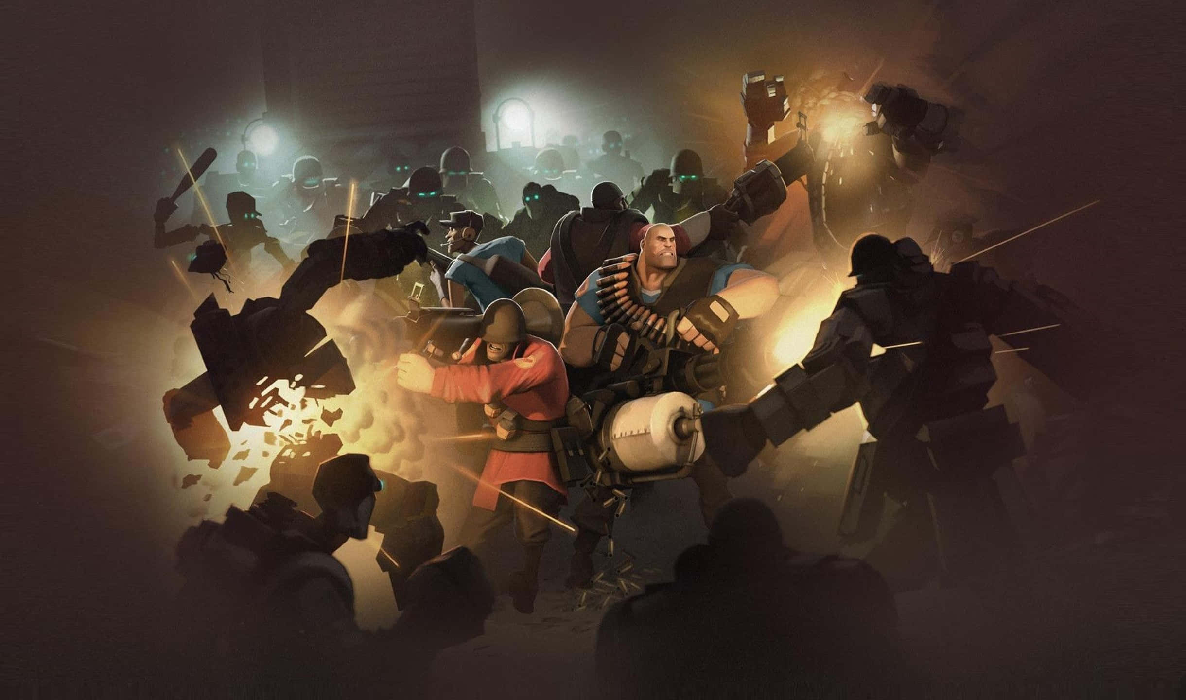 Team Fortress 2 士兵與重裝兵背景 壁紙 — 一場混亂的戰鬥爆發，裝甲戰士在光線昏暗的競技場中衝突，火花四濺，發光的燈光照亮了煙霧瀰漫的空氣。