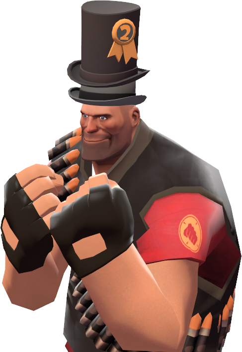Team Fortress 2 重裝兵戴禮帽 壁紙 — 一個肌肉發達的電子遊戲角色，戴著高帽，上面有數字二的絲帶和子彈帶，緊握拳頭。