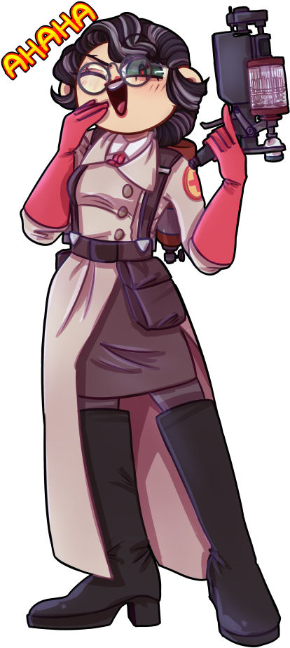 Team Fortress 2 醫生角色搞笑 壁紙 — 一位開心的動畫女性穿著風衣，在黑色背景前拿著相機大笑。