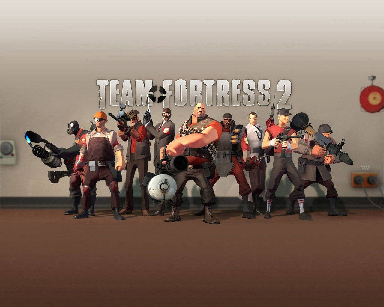 Team Fortress 2 宣傳藝術 壁紙 — Team Fortress 2 角色排成一排，手持武器，背景是素色牆壁，上方有遊戲標題。