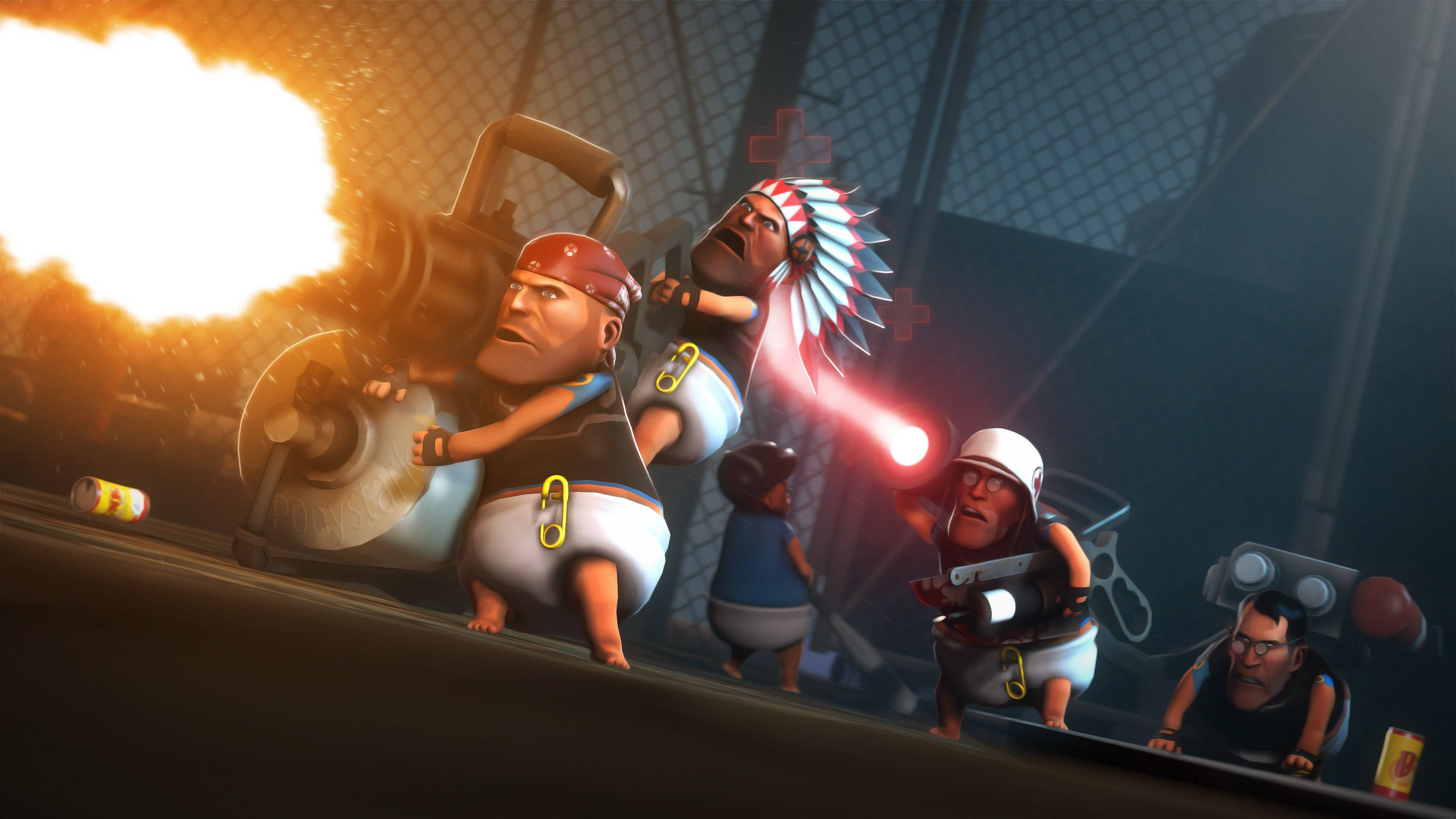 Team Fortress 2 嬰兒職業 壁紙 — 卡通角色穿著尿布，在熾熱爆炸下的粗糙工業環境中用武器戰鬥。