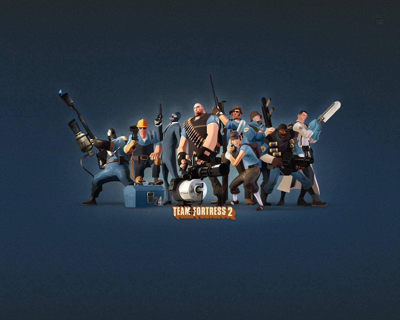 Team Fortress 2 深藍背景 壁紙 — 一組來自 Team Fortress 2 的風格化電子遊戲角色在深藍色背景上動態擺姿勢。