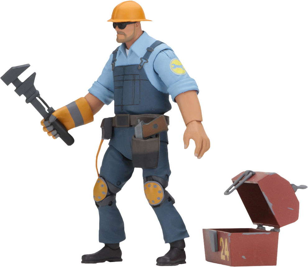 Team Fortress 2 工程師持扳手與工具箱 壁紙 — 一個3D渲染的建築工人，身穿藍色工裝褲和橙色頭盔，在打開的工具箱旁邊拿著扳手。