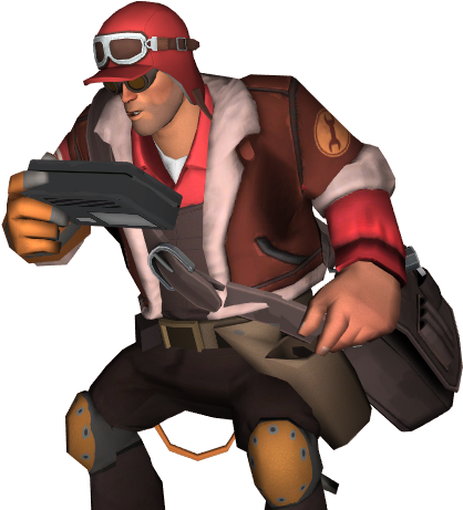 Team Fortress 2 工程師遊戲策略 壁紙 — 一個卡通風格的機械師，身穿紅色裝備和護目鏡，蹲在黑色背景前手持工具。