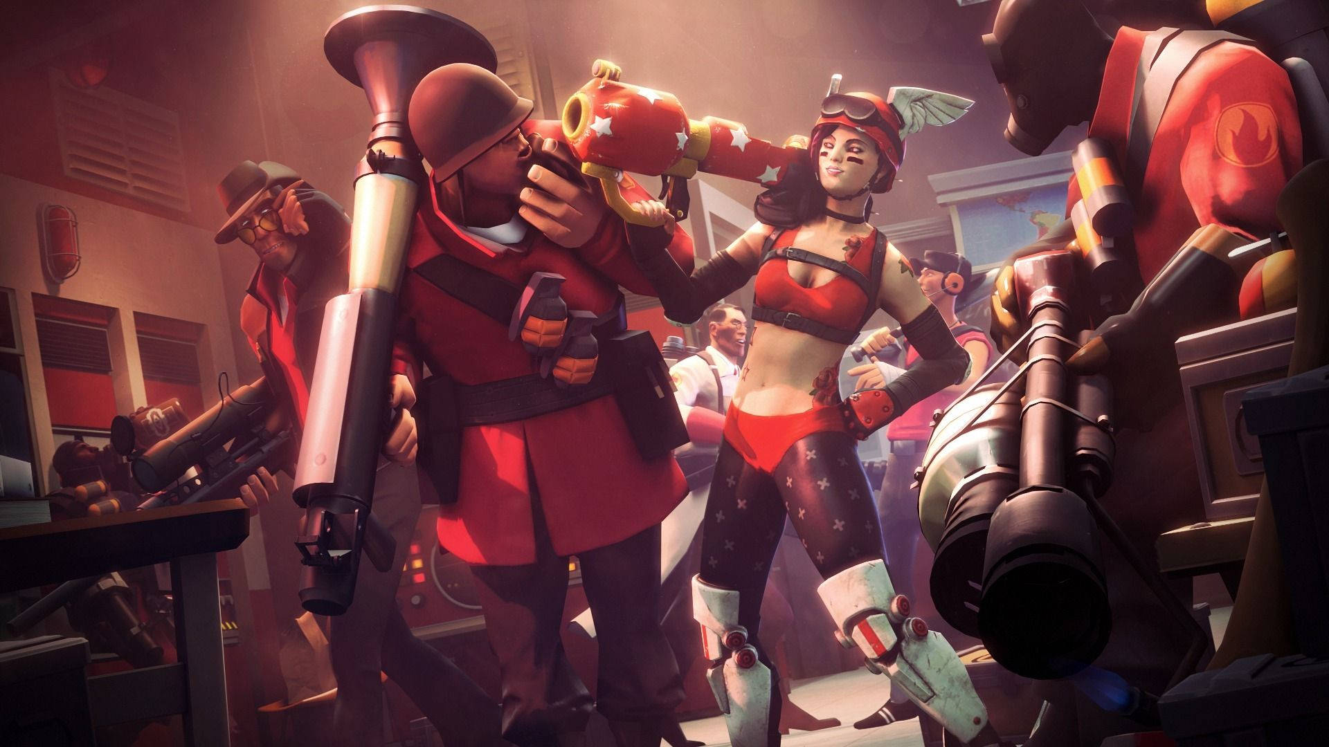 Team Fortress 2 爆發對決 壁紙 — 一個充滿活力的遊戲場景，卡通士兵穿著紅色制服，在昏暗的房間裡揮舞著超大型武器。