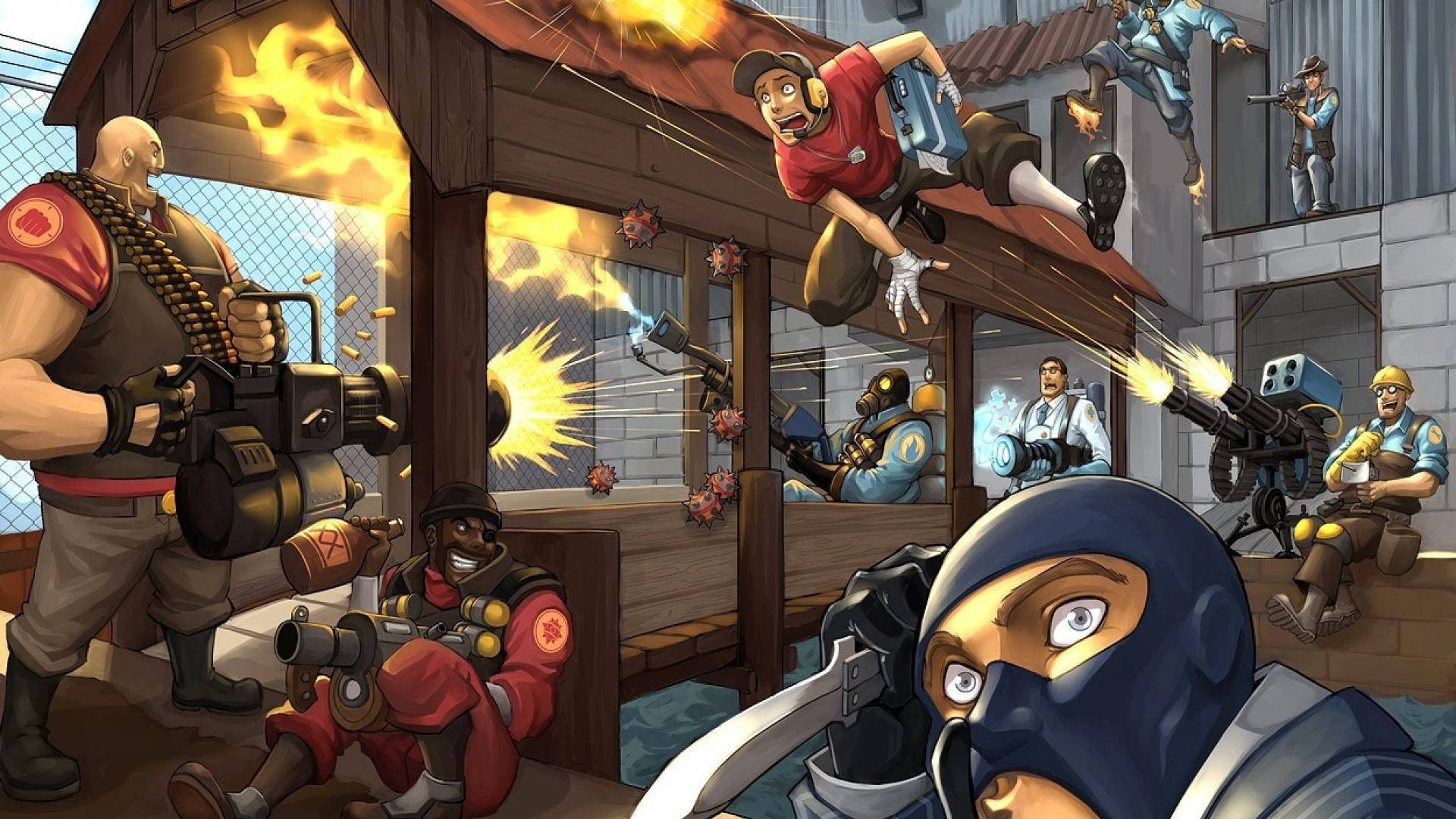 Team Fortress 2 戰鬥藝術 壁紙 — 混亂卡通風格戰鬥場景，角色在木建築中開火並發生爆炸。