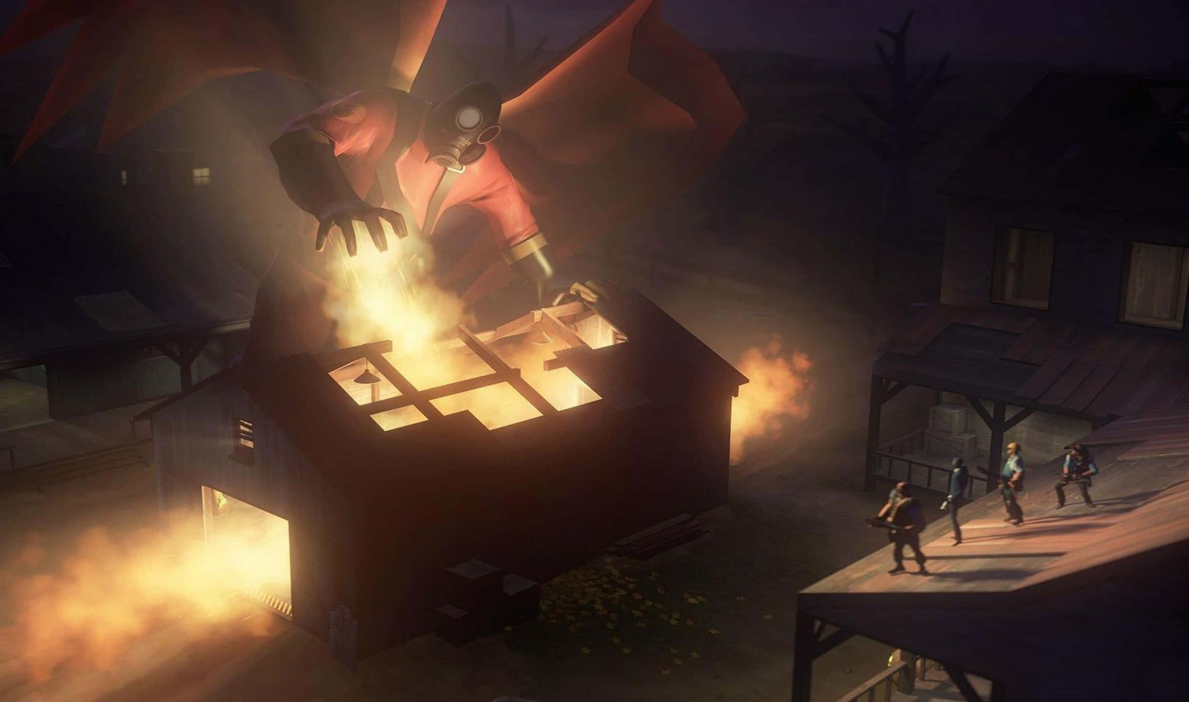 Team Fortress 2 巨大火槍手背景 壁紙 — 一隻巨大的紅翼生物盤旋在燃燒的穀倉上方，三個人影站在門廊上觀看火熱的混亂。