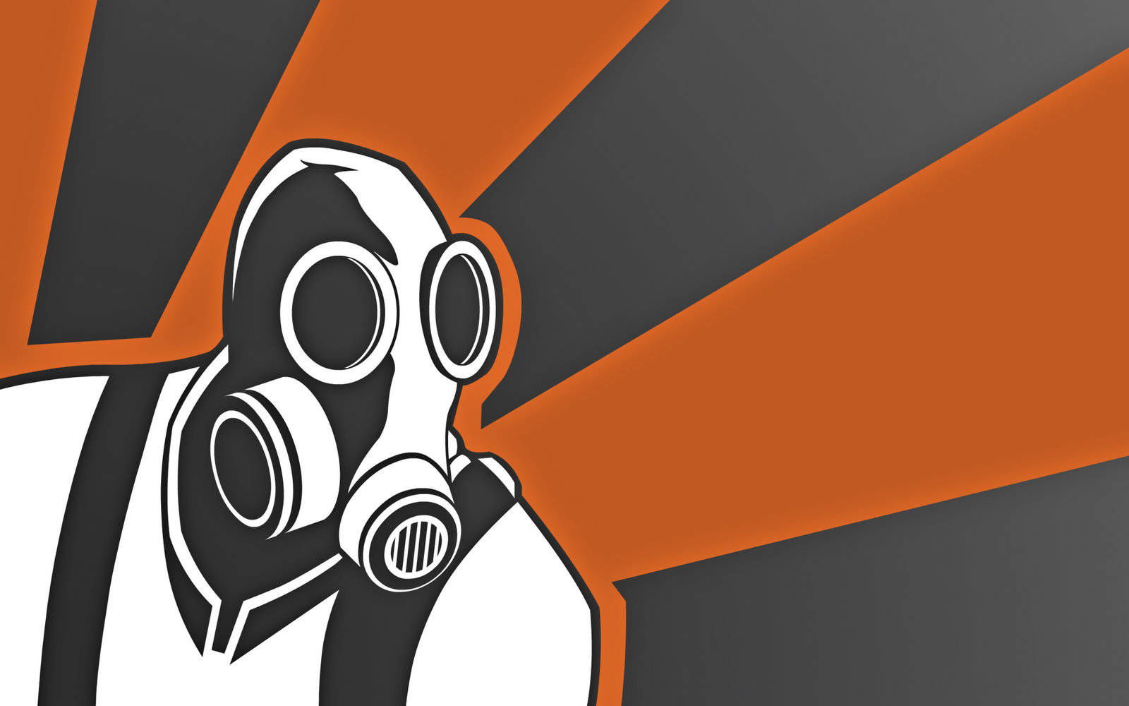 Team Fortress 2 火槍手圖形設計 壁紙 — 一個帶有黑色點綴的純白色防毒面具，矗立在搶眼的橙色和灰色幾何背景前。