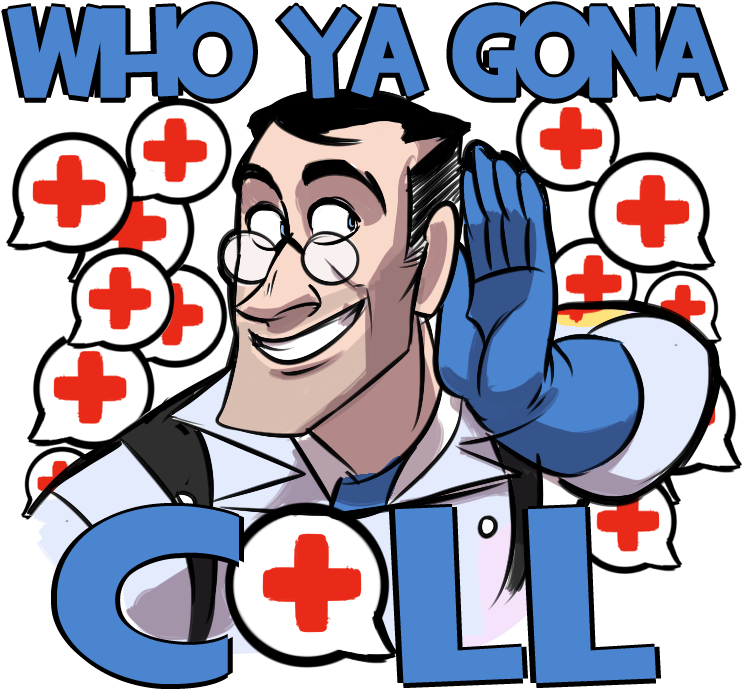 Team Fortress 2：醫護兵「誰叫你？」 壁紙 — 一位身穿白袍和藍色手套的卡通醫生微笑著，把手放在耳邊，周圍是帶有紅色十字的對話氣泡。
