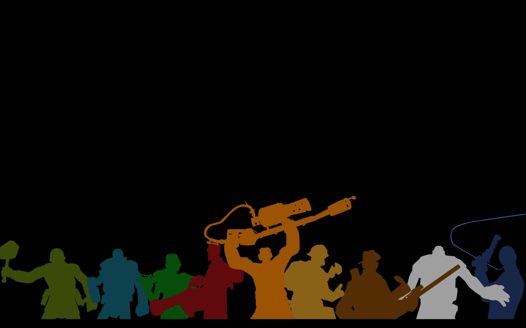 Team Fortress 2 九職業彩色剪影 壁紙 — 色彩繽紛的剪影，展現不同音樂家和表演者手持樂器，背景為黑色。