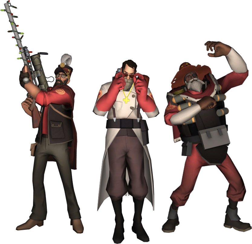 Team Fortress 2 紅隊角色造型 壁紙 — 三個風格化的電子遊戲角色，身穿紅色和灰色裝備，在黑色背景前動態擺姿勢。