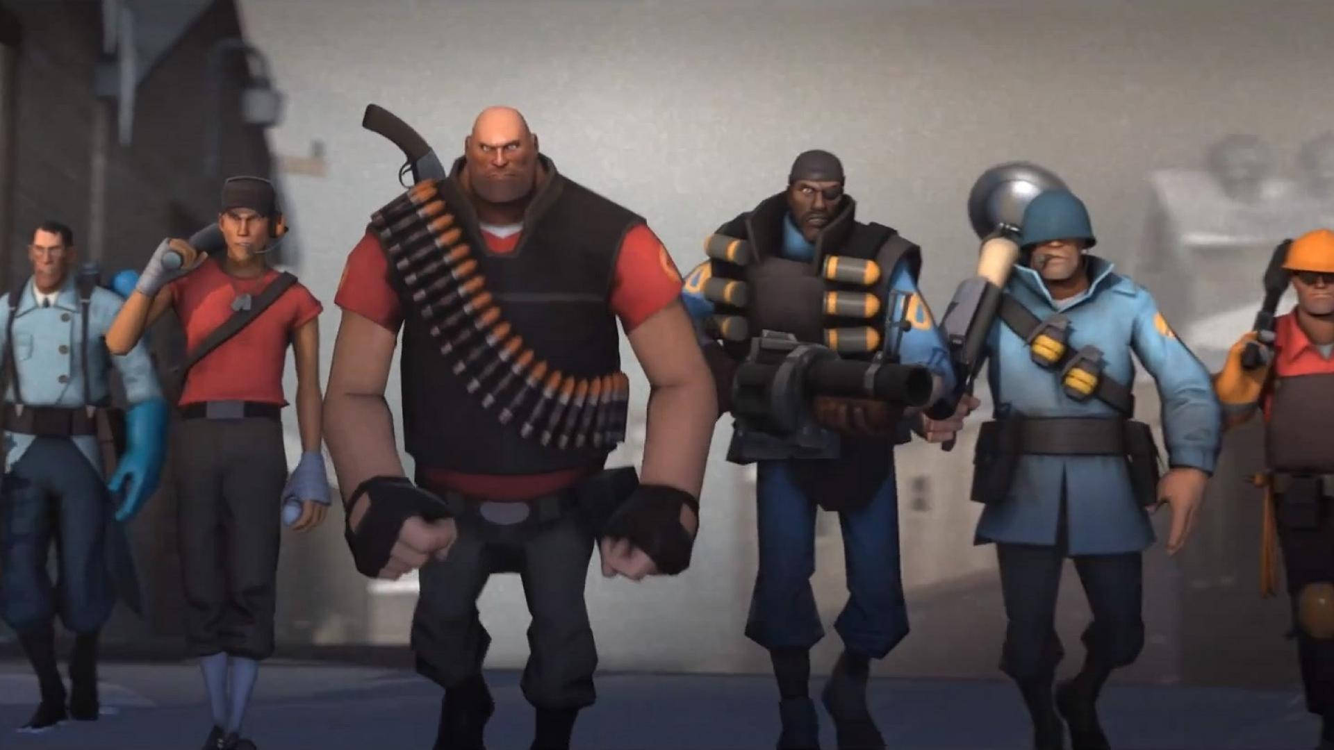 Team Fortress 2 公司 壁紙 — 一群風格化的動畫士兵身穿戰鬥裝備，站在骯髒的城市小巷中。