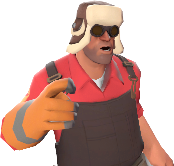 Team Fortress 2 工程師指向前方 壁紙 — 一個卡通風格的建築工人，身穿紅色襯衫和工裝褲，帶著驚訝的表情向前指。