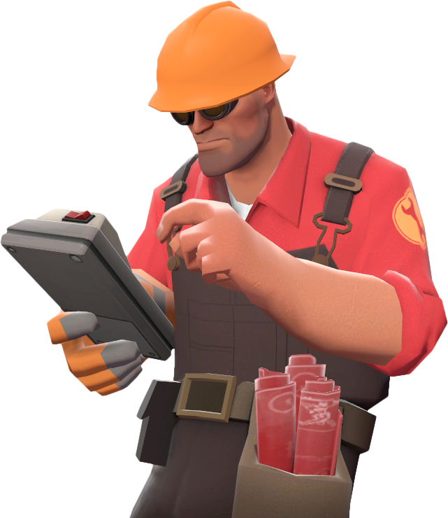 Team Fortress 2 工程師操作 PDA 壁紙 — 卡通建築工人戴橙色頭盔、穿紅色襯衫，手持捲起的藍圖，同時使用手提裝置。