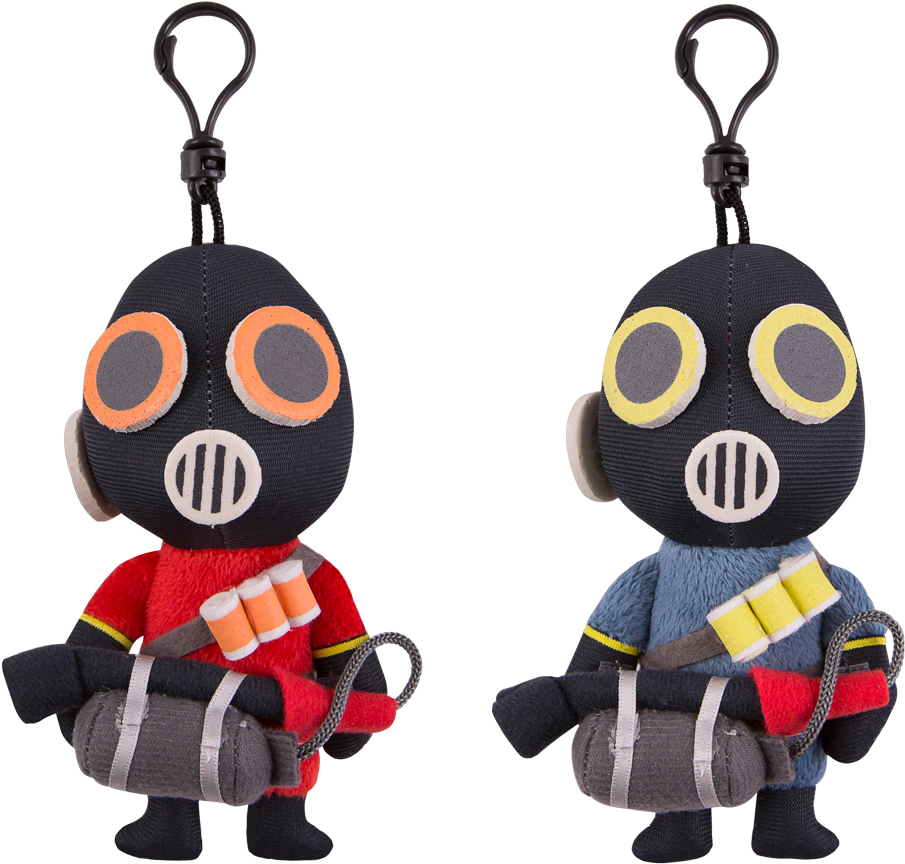 Team Fortress 2 Pyro 毛絨鑰匙圈 壁紙 — 兩個毛絨鎖匙扣公仔戴著防毒面具，一個戴橙色護目鏡和紅色襯衫，另一個戴黃色護目鏡和藍色襯衫，兩者都拿著裝備，背景為黑色。