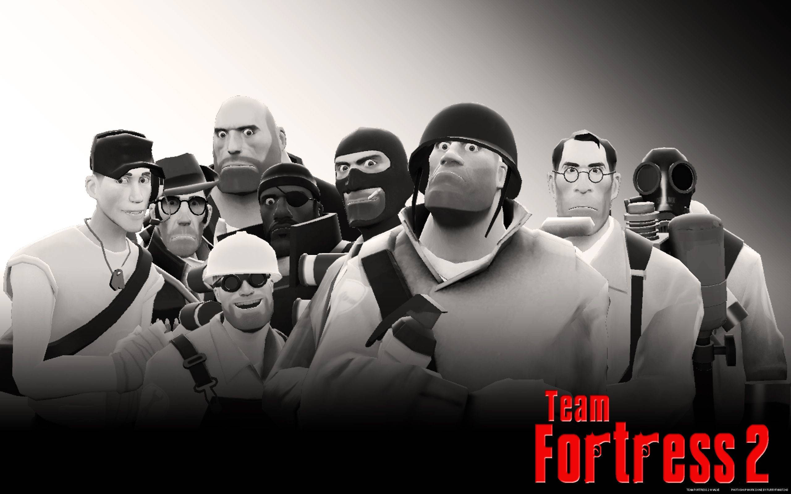 《Team Fortress 2》黑白海報 壁紙 — Team Fortress 2 中多樣化的卡通士兵角色一起擺姿勢的單色團體肖像。