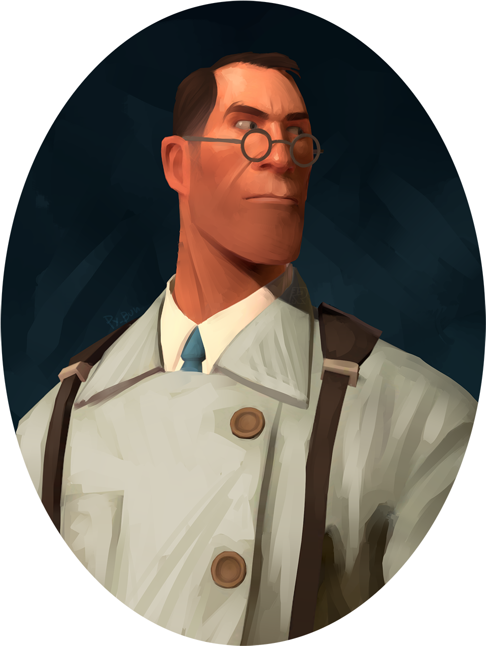 Team Fortress 2 醫生肖像 壁紙 — 一個戴圓框眼鏡和吊帶的嚴肅男子，在深藍色橢圓形背景上，以風格化的數碼肖像畫凝視著。