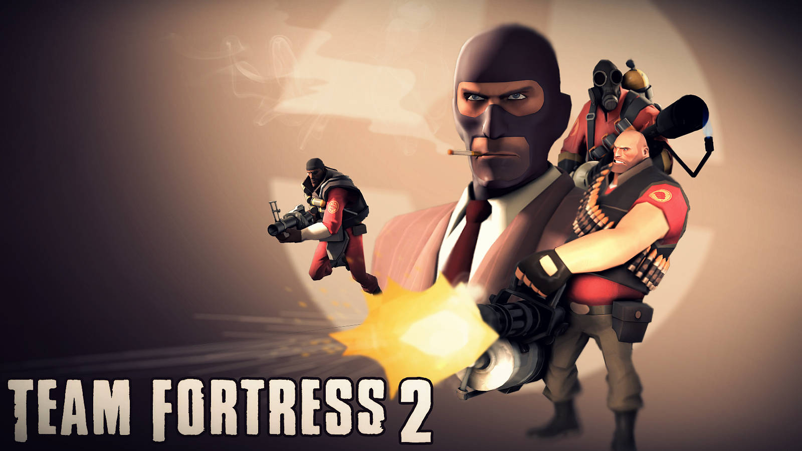 Team Fortress 2 紅方隊伍 壁紙 — 三個風格化的 Team Fortress 2 角色，身穿紅色和黑色裝備，在煙霧瀰漫的米色背景和遊戲標題文字前動態擺姿勢。