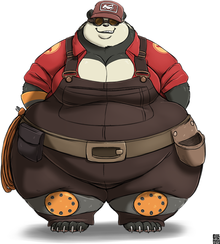 Team Fortress 2 重裝兵熊貓粉絲藝術 壁紙 — 一隻穿著紅色襯衫和棕色工裝褲、戴著帽子和太陽眼鏡的快樂卡通熊貓，自信地站在黑色背景前。