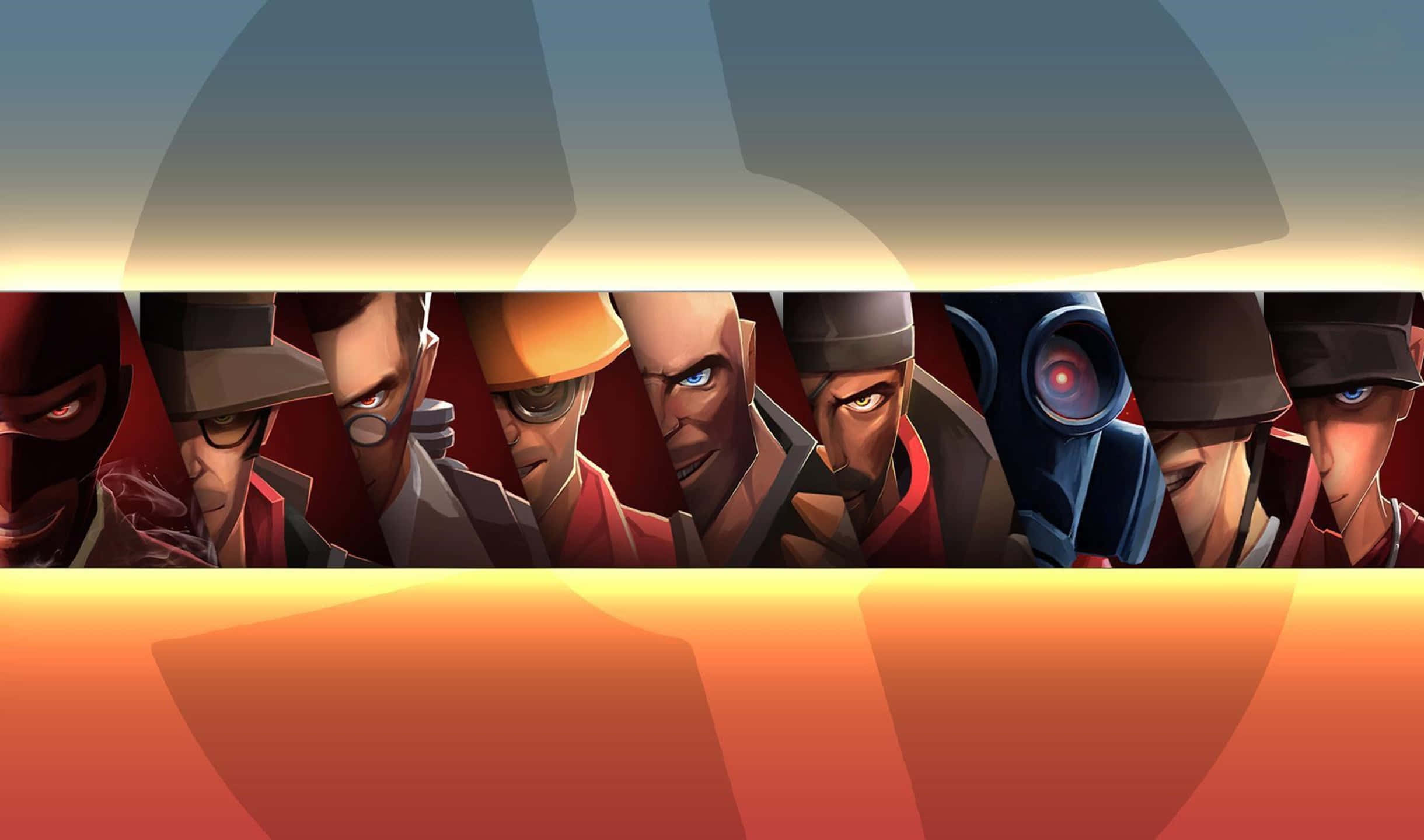 Team Fortress 2 高清戰鬥場景背景 壁紙 — 一排風格化的動畫角色，表情強烈，頭飾多樣，背景為橙色和藍色的漸變色。