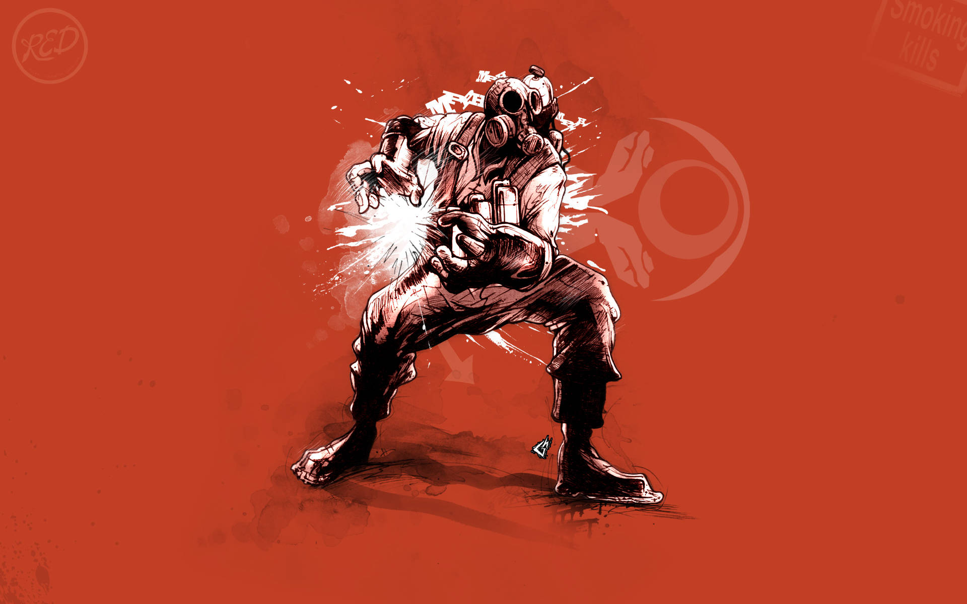 Team Fortress 2 火槍手藝術作品 壁紙 — 一個粗獷的插圖人物，戴著防毒面具和風衣，蹲在醒目的紅色背景前，從手中發出明亮的白色能量爆炸。