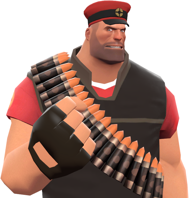 Team Fortress 2 重裝兵肖像 壁紙 — 一個肌肉發達的卡通士兵，戴著紅色帽子和背心，胸前掛著一條沉重的彈藥帶，表情嚴肅。