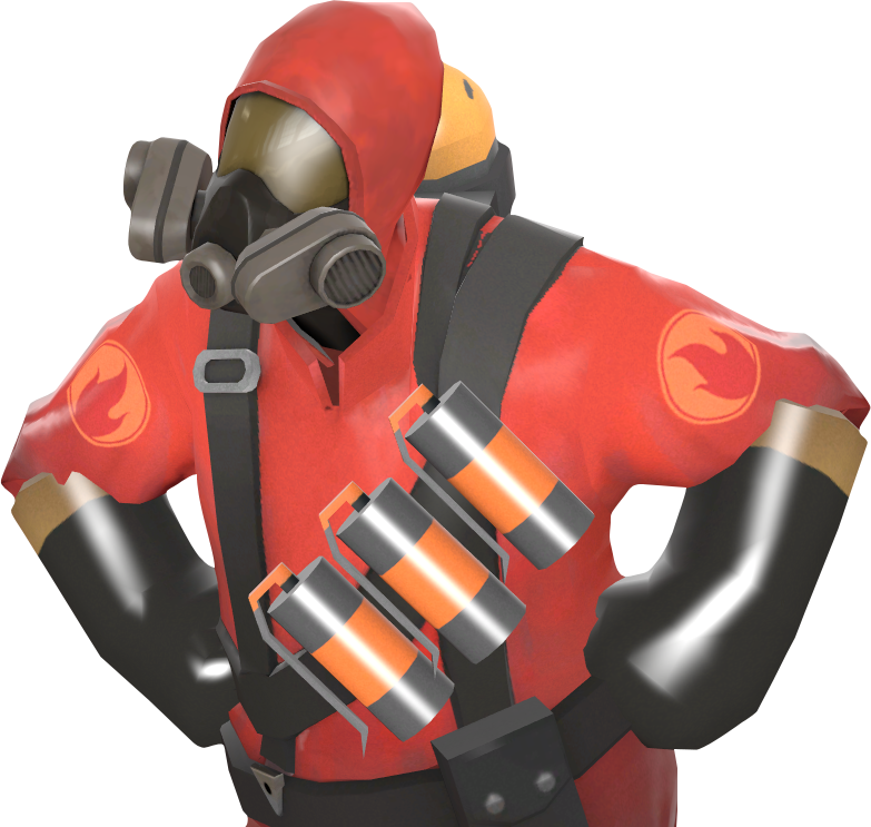 Team Fortress 2 火焰兵肖像 壁紙 — 一個戴著防毒面具和戰術裝備的紅色連帽人物，在黑色背景前拿著一捆橙色和銀色的爆炸物。