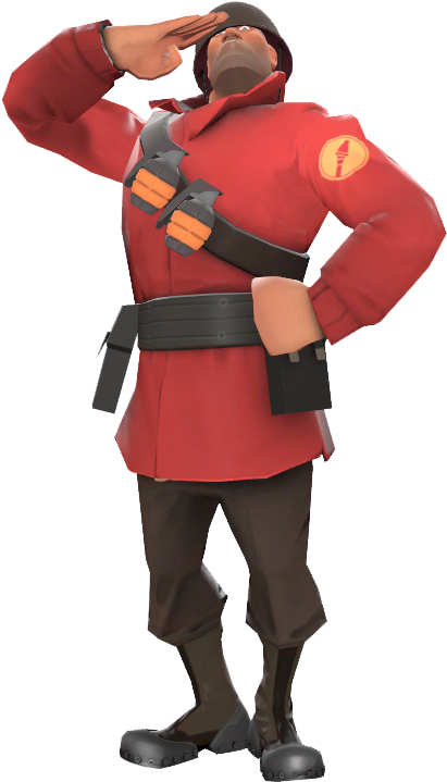 Team Fortress 2 士兵敬禮姿勢 壁紙 — 一名3D渲染的士兵穿著紅色制服，一隻手敬禮，另一隻手握著手榴彈。