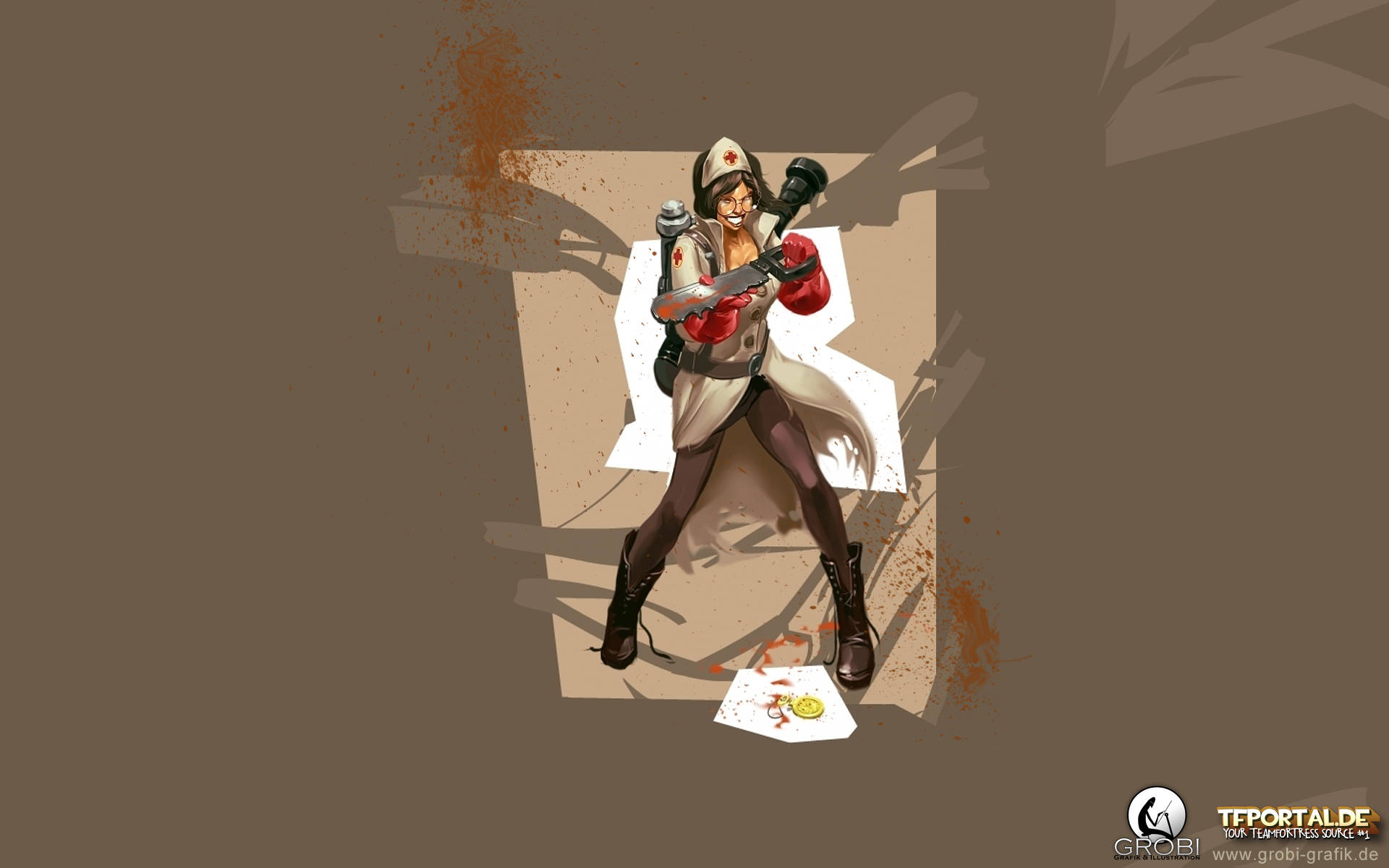 Team Fortress 2 醫生 壁紙 — 一個風格化的動漫護士穿著白色制服，戴著紅色手套，在棕色飛濺的背景前揮舞武器。